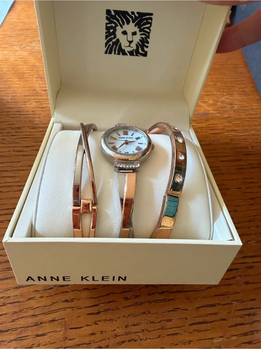 Anne Klein Rose Gold Tone Mother-of-Pearl Watch and Bangle Trio